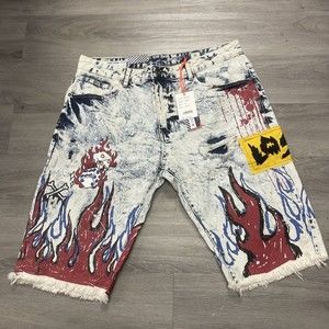 SMOKE RISE DENIM LIGHT WASH “FLAMES” MENS SHORTS SIZE 38 NEW RETAIL 85